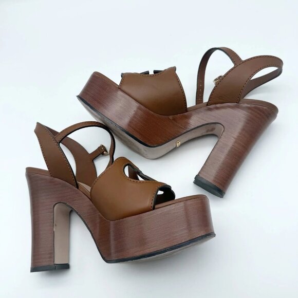 Gucci Brown Leather Platform Sandals With GG Cut-Out Design Size 38.5 EU - Picture 4 of 8